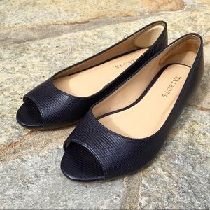 Talbots Navy Blue Peep Toe Leather Flats